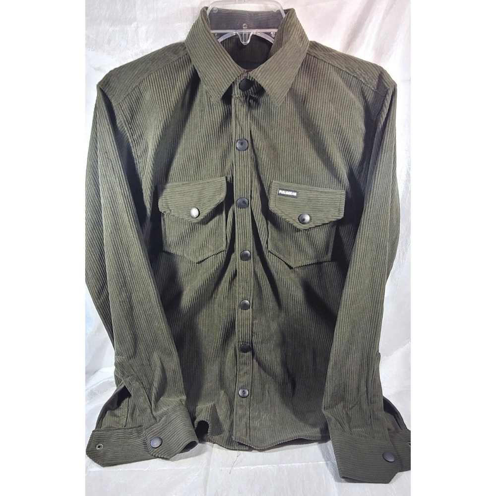Pull & Bear Regular Fit Men's Corduroy Snap Shirt - Olive Green - Size Medium